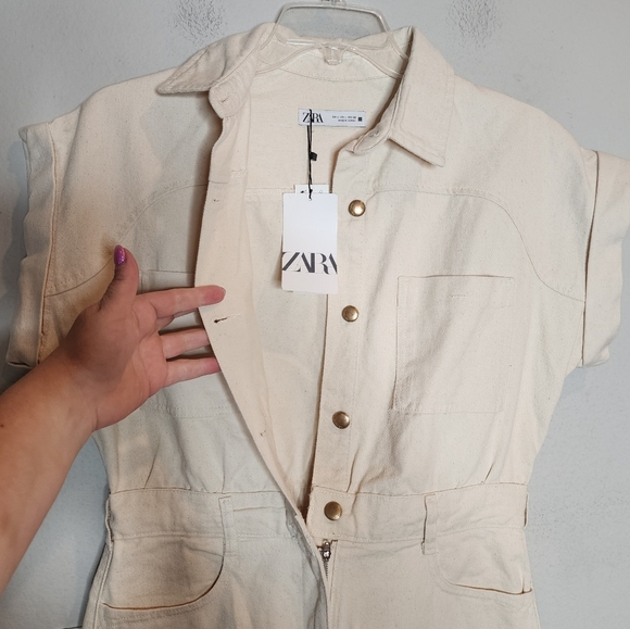 NWT Zara Cream Denim Playsuit Romper Size Large. - Picture 6 of 16